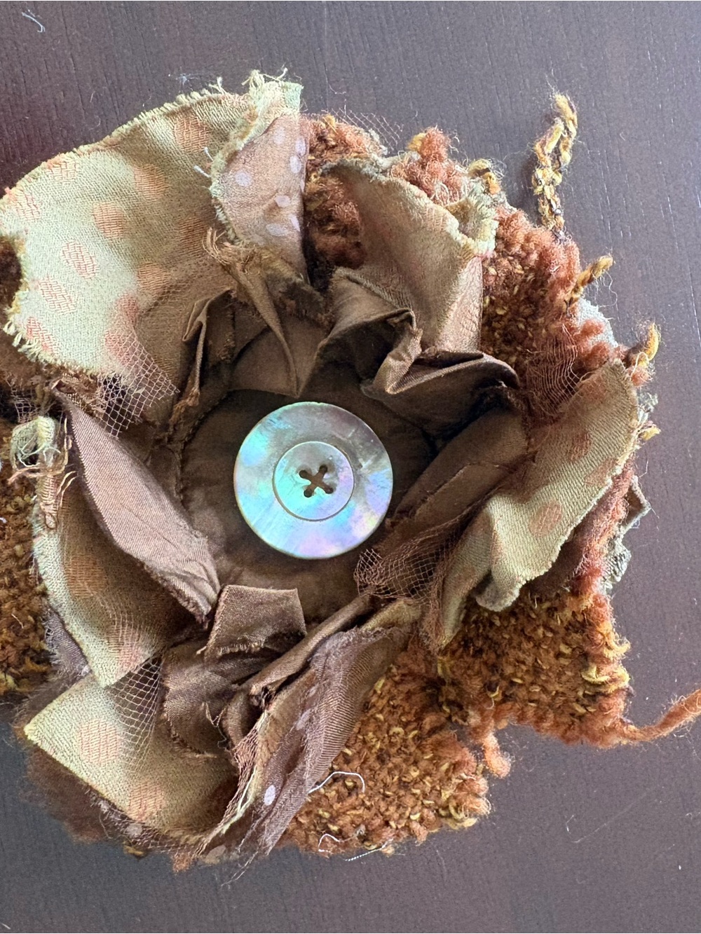 Rustic Brown Fabric Flower Brooch with Iridescent Button